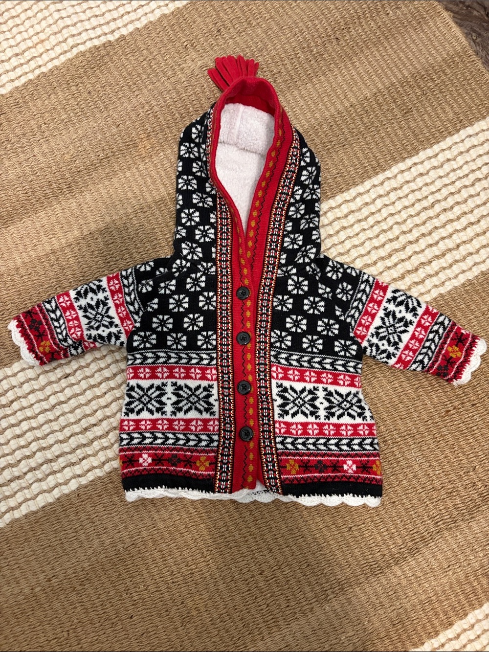 Hanna Andersson Red, Black & White Fair Isle Hooded Cardigan
